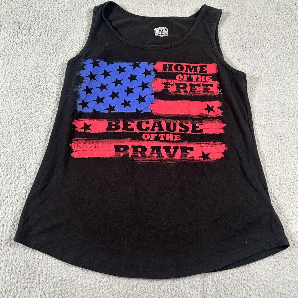 Home Of The Free Brave Tank Top Womens Medium Black USA Flag Patriotic Graphic